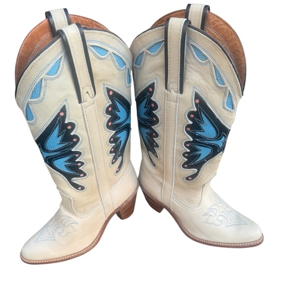 Y2K Miss Capezio NOS Womens 8M Western Boots Off White Leather Butterfly Inlay - Picture 2 of 10